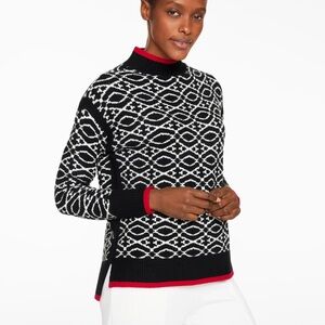T by Talbots Womens Mock Neck Sweater Lattice Lodge Print White Black Red M